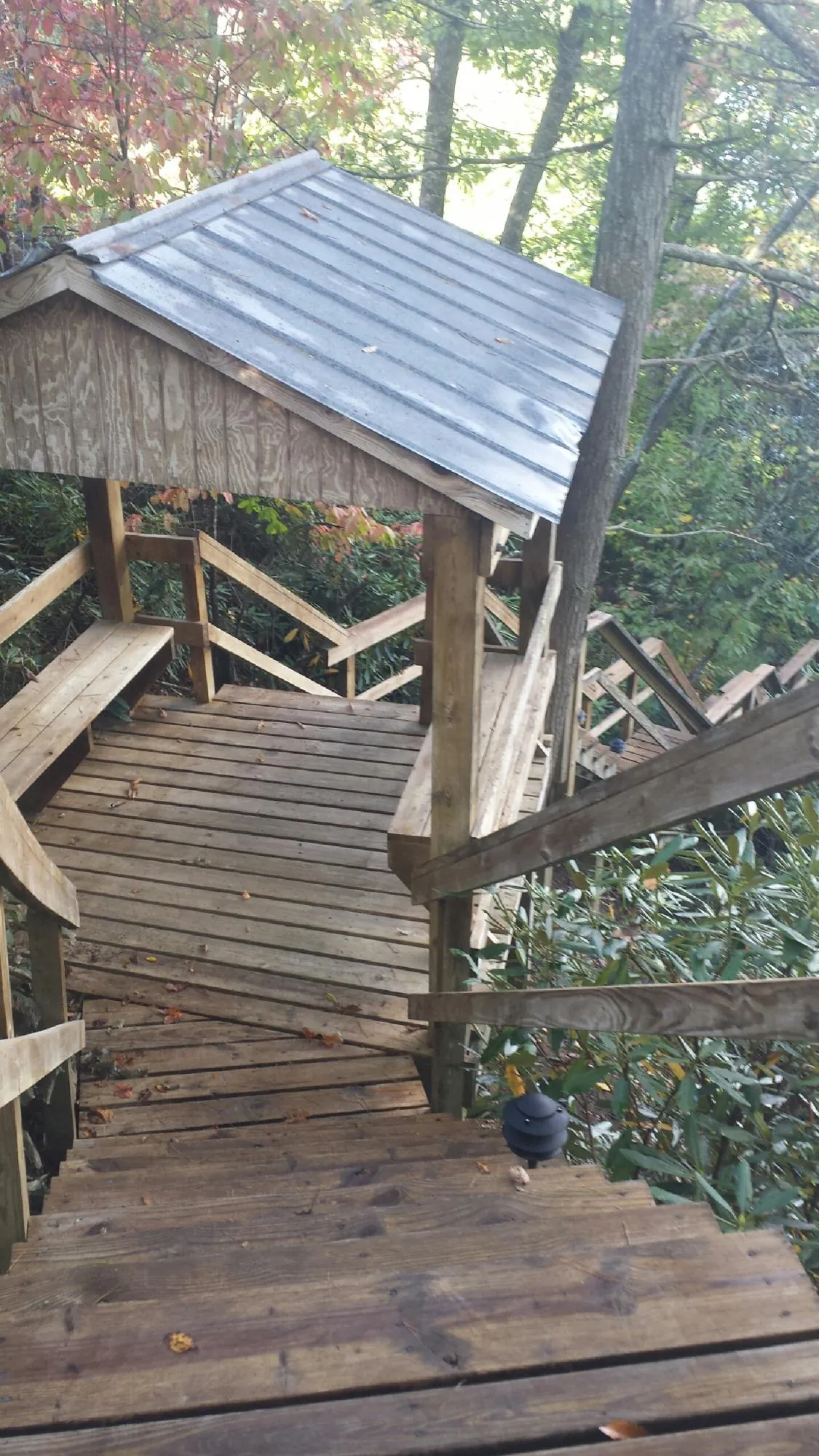 Metal roofed shelter over wooden steps on a wooded walkway — Skylight Repair & Installation work by our crew in Agra